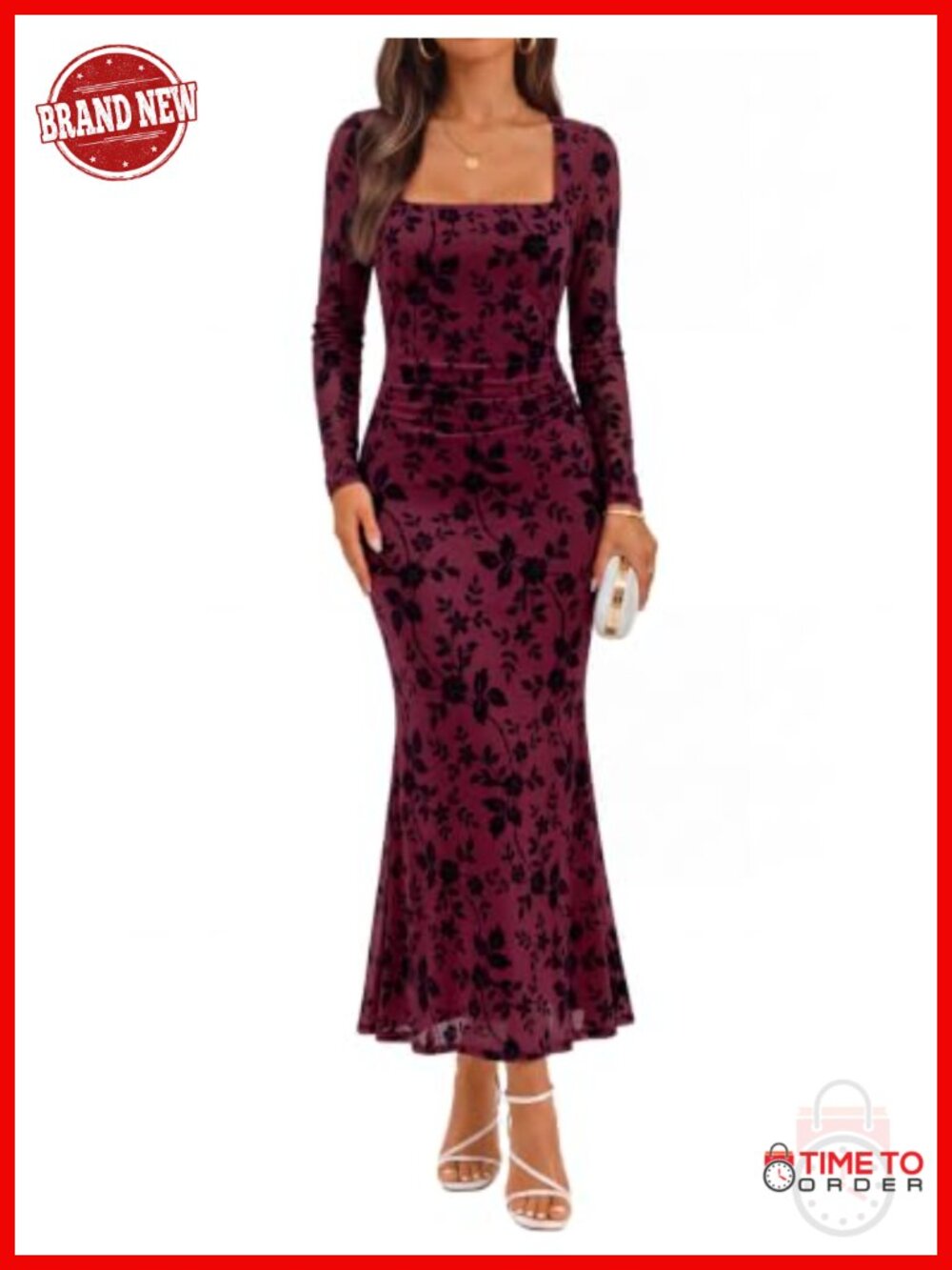 Maxi Mesh Dress Square Neck Long Sleeve Bodycon Mermaid Hem Ruched